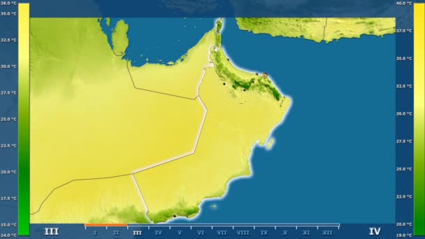 Maximální teplota podle měsíce v oblasti Omán s animovanou legendou - zářící tvar, administrativní hranice, hlavní města, hlavního města. Stereografická projekce