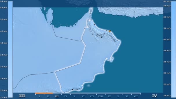 Швидкість Вітру Місяцем Області Оман Анімованими Легендою Світяться Фігури Адміністративні — стокове відео