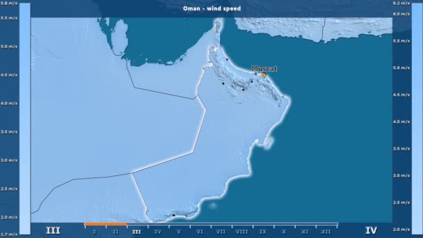 Prędkość Wiatru Przez Miesiąc Obszarze Oman Animowanych Legenda Angielski Etykiety — Wideo stockowe