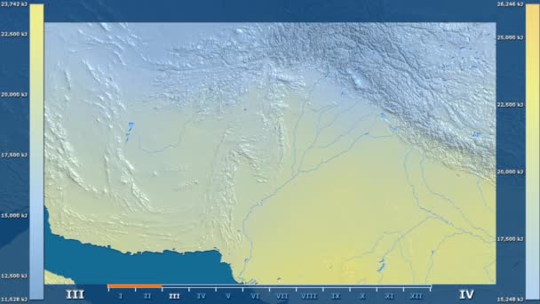 アニメーションの伝説 Raw カラー シェーダー パキスタン地域の月別日射量 平射図法 — ストック動画