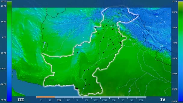 Мінімальна Температура Місяцем Області Пакистан Анімованими Легендою Світяться Фігури Адміністративні — стокове відео