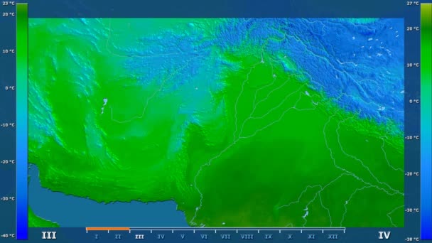 最低气温按月在巴基斯坦区域以动画传奇 原始的颜色着色器 球极投影 — 图库视频影像