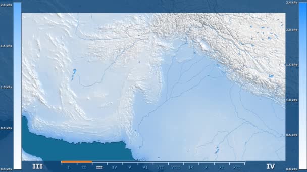 アニメーションの伝説 Raw カラー シェーダー パキスタン地域の月別水蒸気圧 平射図法 — ストック動画