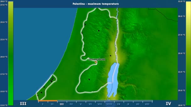 Maximale Temperatuur Maand Het Gebied Van Palestina Met Geanimeerde Legend — Stockvideo