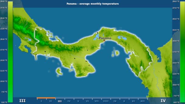 アニメーション伝説 英語のラベル パナマ地域における月ごとの平均気温 国と首都名は マップの説明 平射図法 — ストック動画