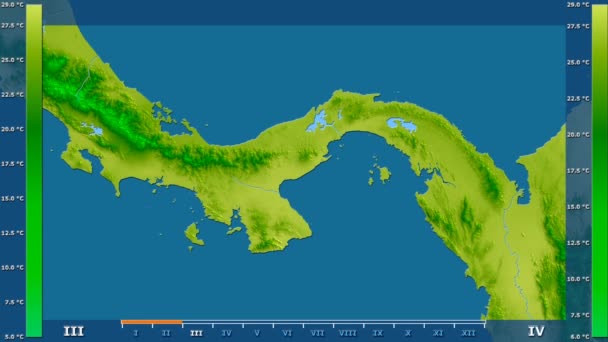 アニメーションの伝説 Raw カラー シェーダーを持つパナマ地域での月別平均気温は 平射図法 — ストック動画