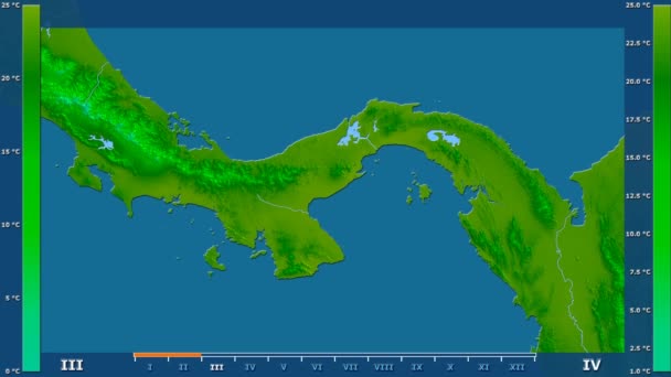 最小温度按月在巴拿马区域以动画传奇 原始的颜色着色器 球极投影 — 图库视频影像