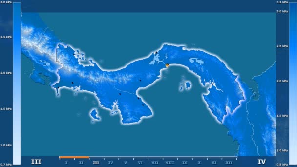 アニメーションの伝説 輝く形状 管理上のボーダー 主要都市 首都パナマ地域の月別水蒸気圧 平射図法 — ストック動画