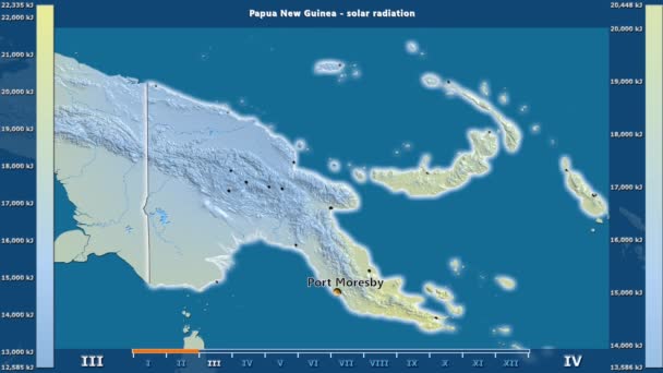 アニメーションの伝説 英語のラベルとパプア ニューギニア地区月別日射 国と首都名は マップの説明 平射図法 — ストック動画