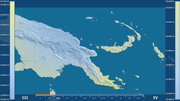 Radiación Solar Por Mes Área Papúa Nueva Guinea Con Leyenda — Vídeos de Stock