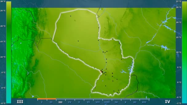 Medeltemperatur Månad Området Paraguay Med Animerade Legend Glödande Form Administrativa — Stockvideo