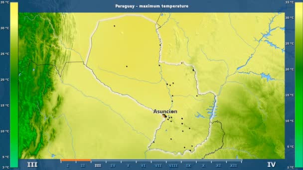 Maximal Temperatur Månad Området Paraguay Med Animerade Legend Engelska Etiketter — Stockvideo