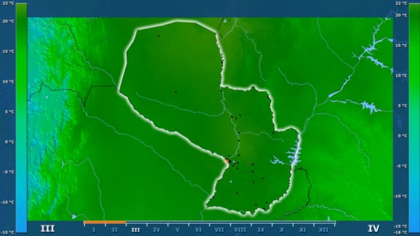 Минимальная Температура Месяцам Парагвае Анимированной Легендой Светящаяся Форма Административные Границы — стоковое видео