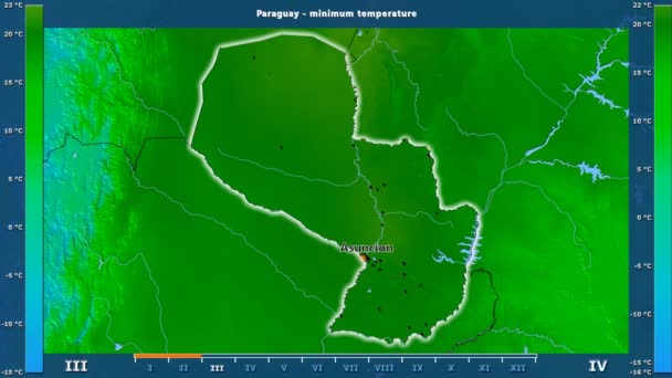 Lägsta Temperatur Månad Området Paraguay Med Animerade Legend Engelska Etiketter — Stockvideo