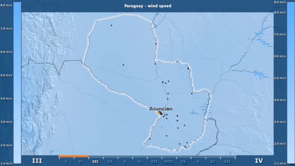 アニメーションの伝説 英語のラベルとパラグアイ地区月別風速 国と首都名は マップの説明 平射図法 — ストック動画