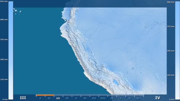 Opady Przez Miesiąc Obszarze Peru Animowanych Legenda Raw Kolor Cieniowania — Wideo stockowe