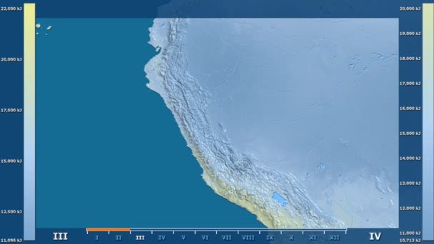 Солнечная Радиация Месяцам Перу Анимированной Легендой Сырым Цветовым Шейдером Стереографическая — стоковое видео