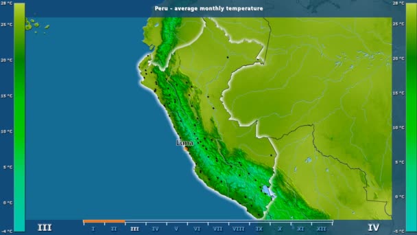 アニメーションの伝説 英語のラベルとペルー地区月別平均気温 国と首都名は マップの説明 平射図法 — ストック動画