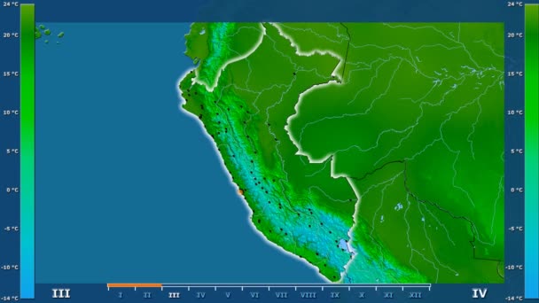 アニメーションの伝説 輝く形 管理上のボーダー 主要都市 首都のペルー地区月最低気温は 平射図法 — ストック動画