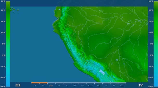 アニメーションの伝説 Raw カラー シェーダーを持つペルー地区月最低気温は 平射図法 — ストック動画