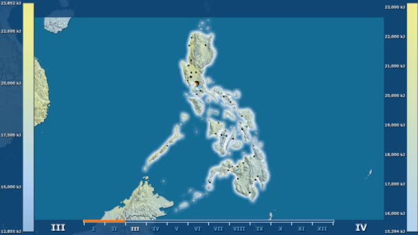 太阳辐射月在菲律宾地区与动画传奇 发光的形状 行政边界 主要城市 球极投影 — 图库视频影像