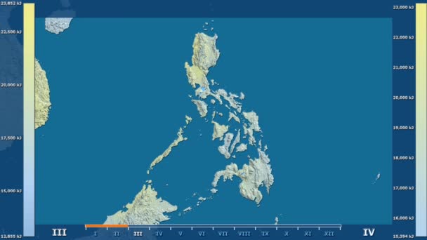 アニメーション伝説 Raw カラー シェーダーを持つフィリピン地域の月別日射の影響 平射図法 — ストック動画