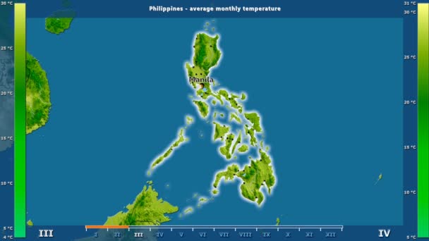 アニメーションの伝説 英語のラベル フィリピン地域の月別平均気温 国と首都名は マップの説明 平射図法 — ストック動画