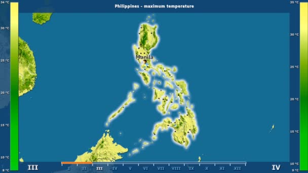 Temperatura Máxima Por Mês Área Das Filipinas Com Legenda Animada — Vídeo de Stock