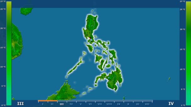 Минимальная Температура Месяцам Районе Филиппин Оживленной Легендой Светящиеся Формы Административные — стоковое видео
