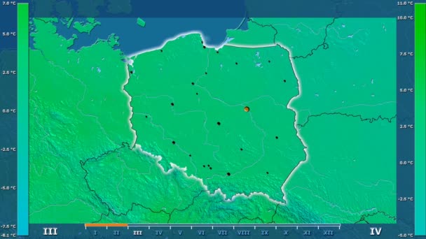 平均气温按月在波兰地区以动画传奇发光的形状 行政边界 主要城市 球极投影 — 图库视频影像