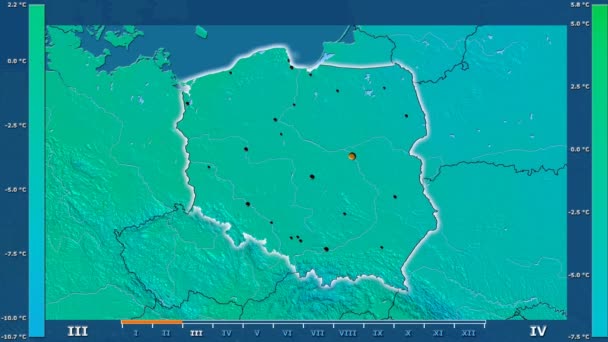 Minimalna Temperatura Przez Miesiąc Rejonie Polski Legendą Animowane Świecące Kształt — Wideo stockowe