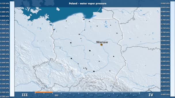 アニメーションの伝説 英語のラベル ポーランド地域の月別水蒸気圧 国と首都名は マップの説明 平射図法 — ストック動画