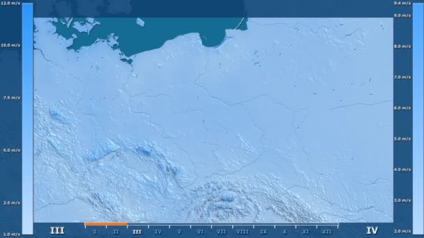 Windgeschwindigkeit Pro Monat Polargebiet Mit Animierter Legende Roher Farbshader Stereografische — Stockvideo