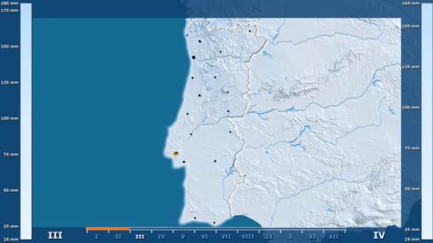 Precipitação Mensal Área Portugal Com Lenda Animada Forma Brilhante Fronteiras — Vídeo de Stock