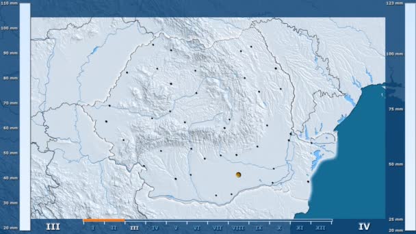 Precipitación Por Mes Área Rumania Con Leyenda Animada Forma Brillante — Vídeos de Stock