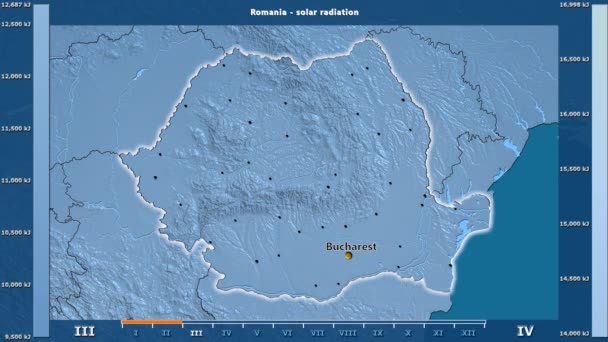 Сонячного Випромінювання Місяцем Області Румунії Анімованими Легендою Українська Етикетки Країна — стокове відео