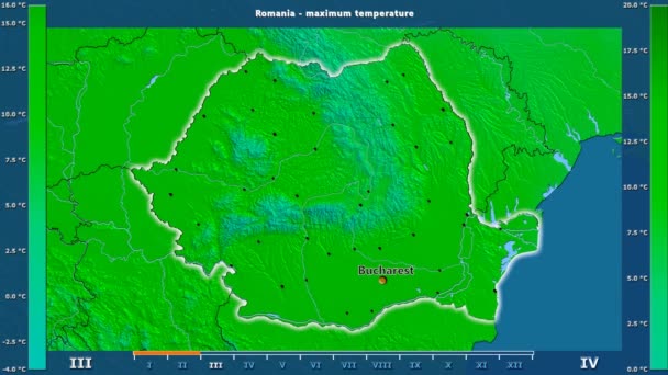 アニメーションの伝説 英語のラベルを持つルーマニア地区月別最高気温 国と首都名は マップの説明 平射図法 — ストック動画
