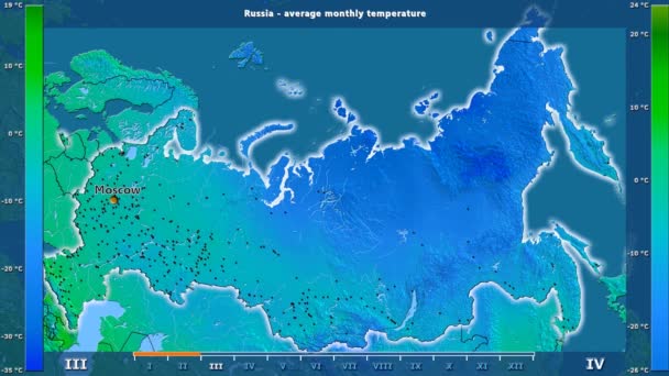アニメーションの伝説 英語のラベルを持つロシア地域での月別平均気温 国と首都名は マップの説明 平射図法 — ストック動画