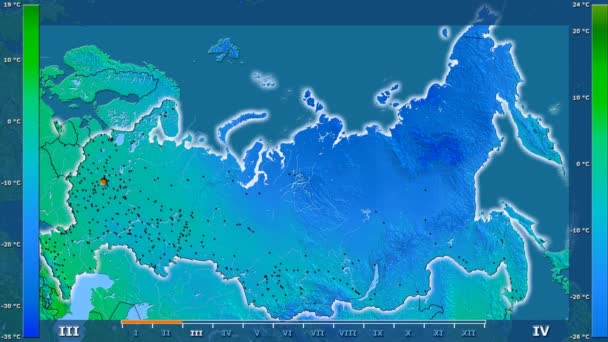 Durchschnittstemperatur Pro Monat Der Russischen Region Mit Animierten Legende Glühende — Stockvideo