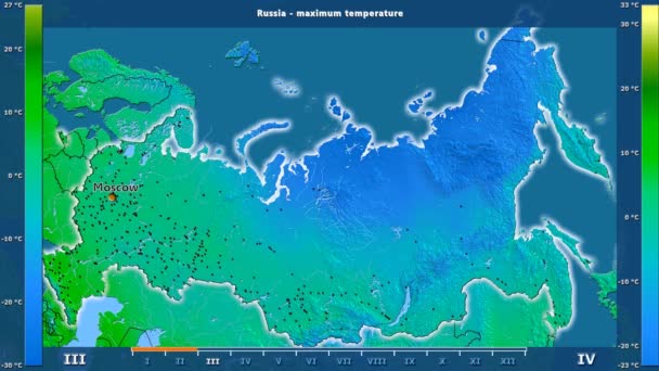在俄国区域的最大温度以月为动画传奇 英国标签 国家和资本名字 地图描述 球极投影 — 图库视频影像