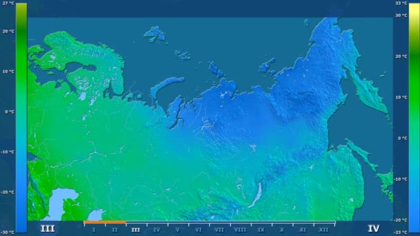 アニメーションの伝説 Raw カラー シェーダーを持つロシア地域の月別最高気温は 平射図法 — ストック動画