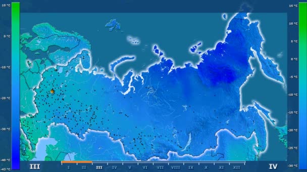 アニメーションの伝説 管理上のボーダー 主要都市 首都を輝くロシア地域で月最低気温は 平射図法 — ストック動画