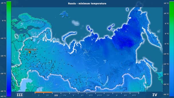 Минимальная Температура Месяцам Зоне России Анимированной Легендой Английские Метки Названия — стоковое видео