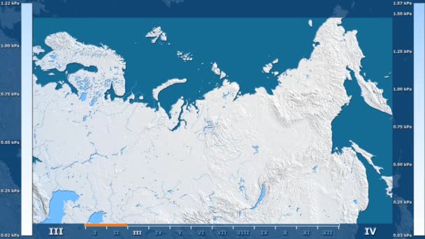水汽压力由月在俄国区域以动画传奇 原始的颜色着色器 球极投影 — 图库视频影像