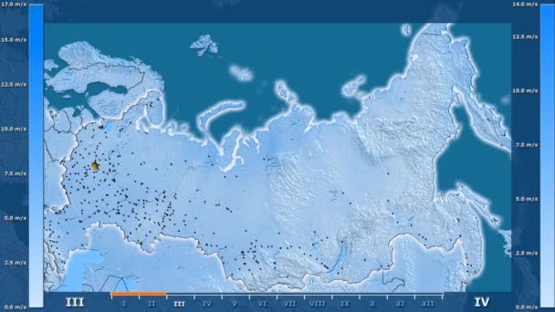 风速按月在俄罗斯地区的动画传奇 发光的形状 行政边界 主要城市 球极投影 — 图库视频影像