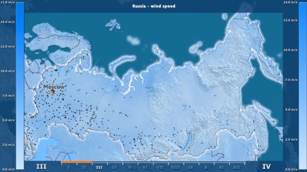 アニメーションの伝説 英語のラベルを持つロシア地域の月別風速 国と首都名は マップの説明 平射図法 — ストック動画