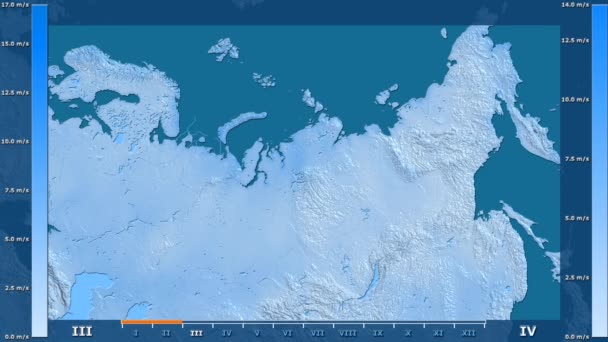 アニメーションの伝説 Raw カラー シェーダーを持つロシア地域の月別風速します 平射図法 — ストック動画