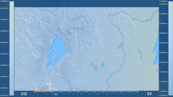 Monatliche Sonneneinstrahlung Der Ruandischen Region Mit Animierter Legende Rohfarbiger Shader — Stockvideo