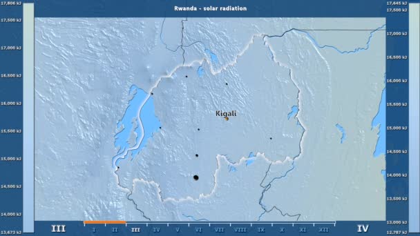 Solstrålning Månad Området Rwanda Med Animerade Legend Engelska Etiketter Landet — Stockvideo