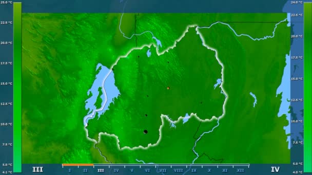 平均气温按月在卢旺达地区以动画传奇发光的形状 行政边界 主要城市 球极投影 — 图库视频影像